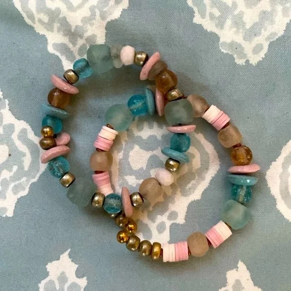 2 piece Handmade bracelet set /stack, in beachy blues. And pinks - Picture 1 of 14